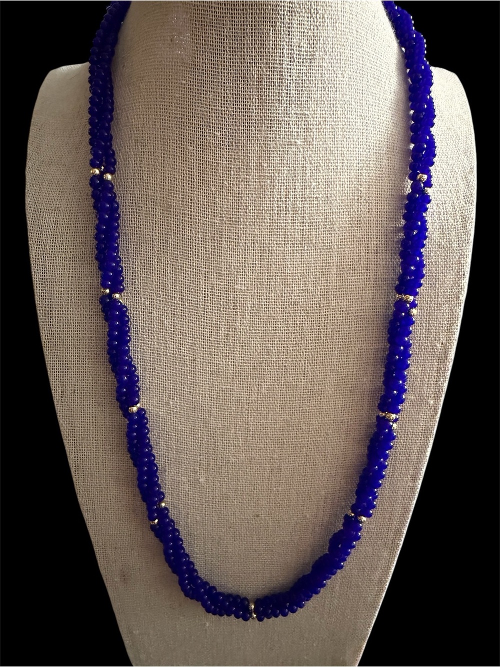Vintage Signed Japan Cobalt Blue Glass Seed Bead Necklace With Gold Spacer Beads